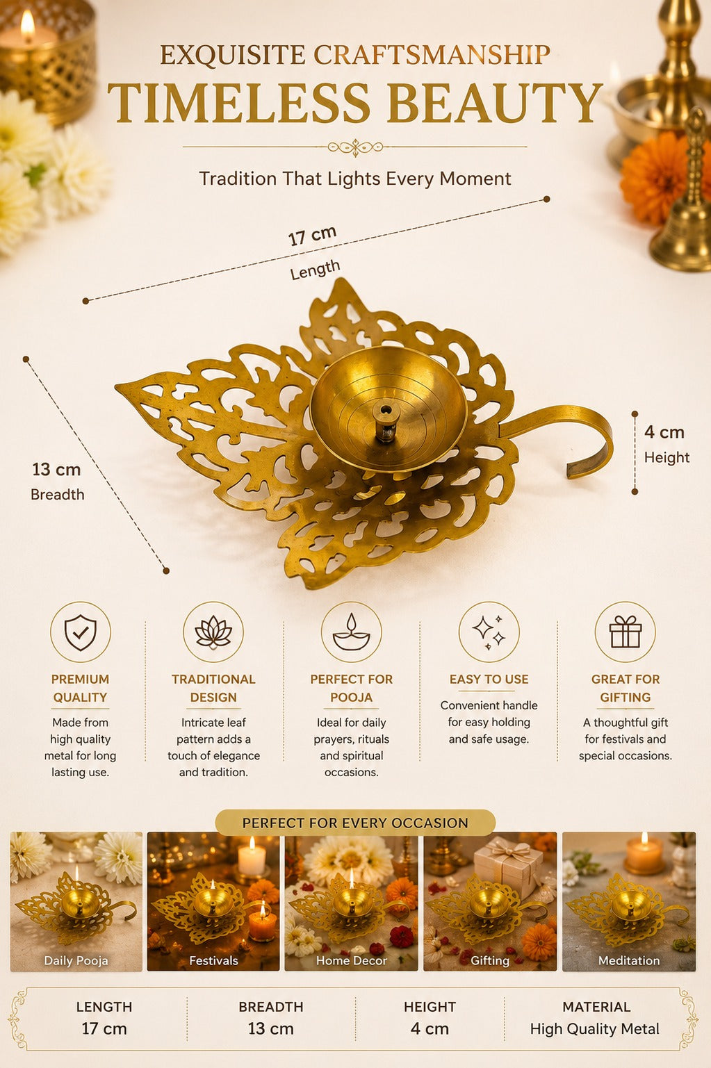 Metal Leaf Diya | Decorative Metal Oil Lamp with Elegant Leaf Design | Traditional Pooja Deepak for Home Temple, Diwali Décor & Festive Gifting