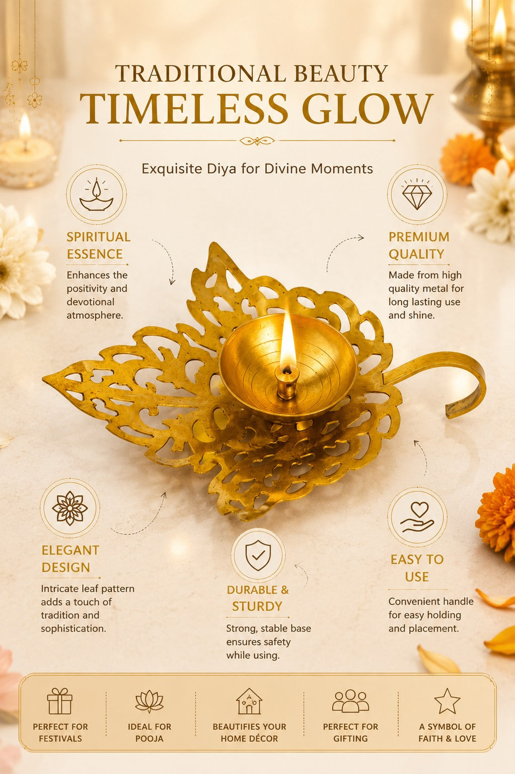 Metal Leaf Diya | Decorative Metal Oil Lamp with Elegant Leaf Design | Traditional Pooja Deepak for Home Temple, Diwali Décor & Festive Gifting