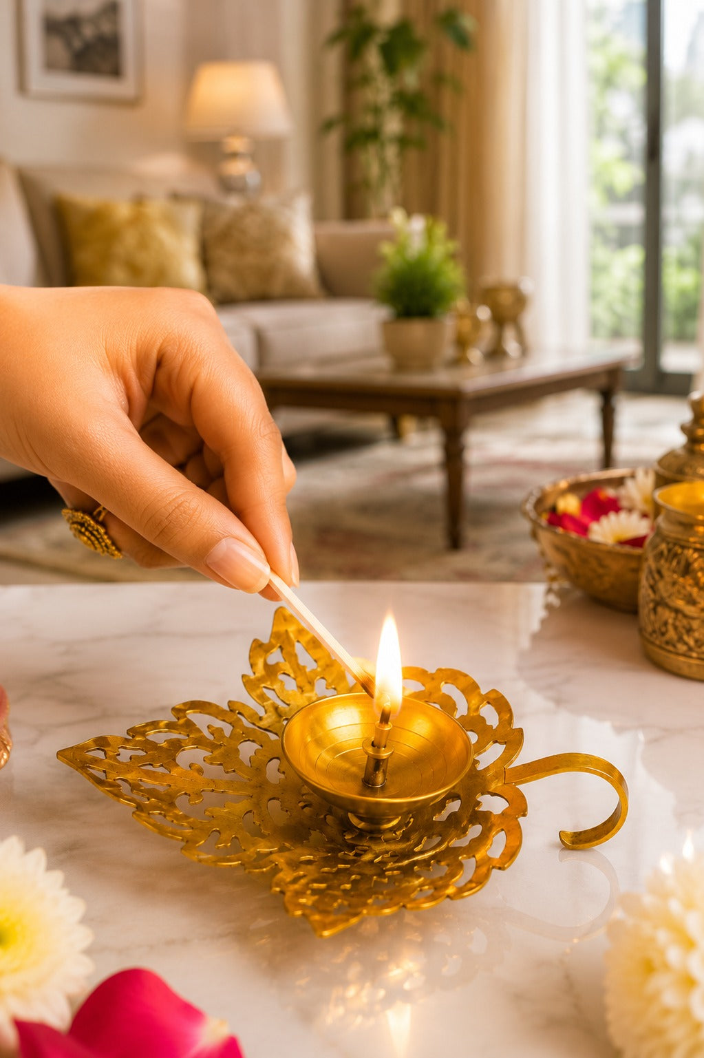 Metal Leaf Diya | Decorative Metal Oil Lamp with Elegant Leaf Design | Traditional Pooja Deepak for Home Temple, Diwali Décor & Festive Gifting