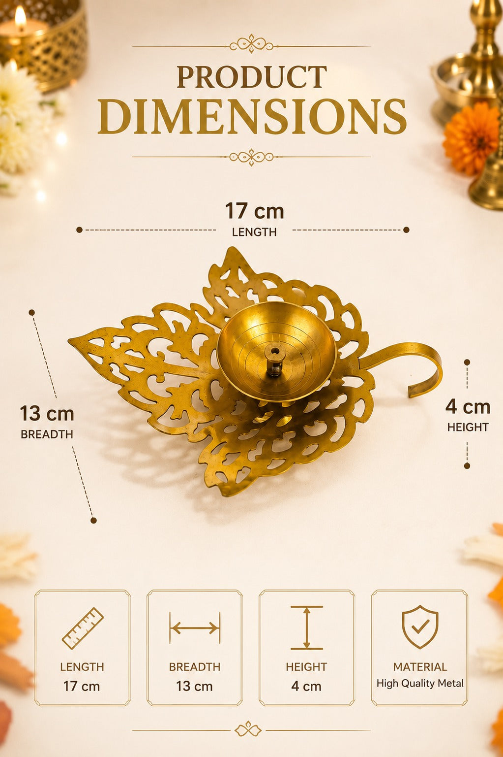 Metal Leaf Diya | Decorative Metal Oil Lamp with Elegant Leaf Design | Traditional Pooja Deepak for Home Temple, Diwali Décor & Festive Gifting
