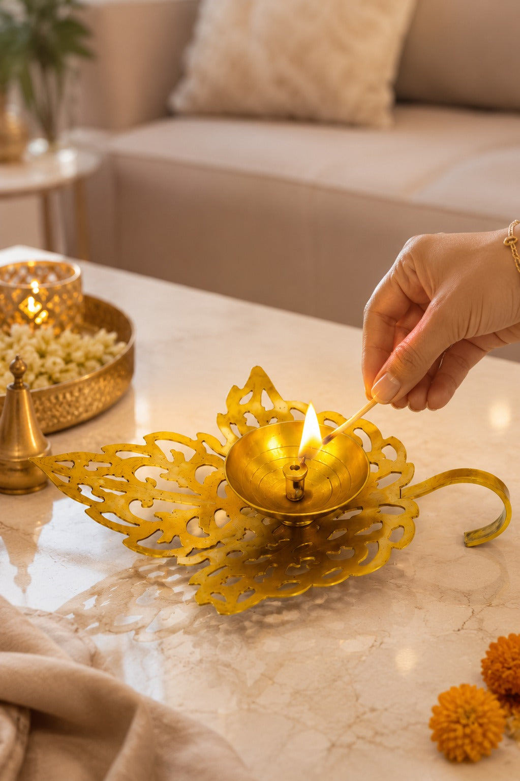 Metal Leaf Diya | Decorative Metal Oil Lamp with Elegant Leaf Design | Traditional Pooja Deepak for Home Temple, Diwali Décor & Festive Gifting