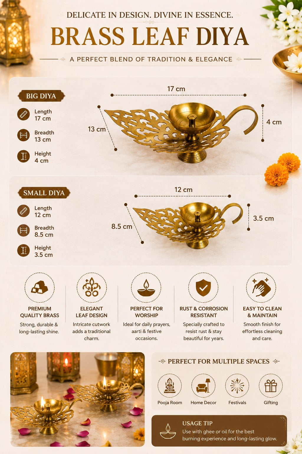 Metal Leaf Diya Set of 2 | Decorative Metal Oil Lamps with Elegant Leaf Design | Traditional Pooja Deepak for Home Temple, Diwali Décor & Festive Gifting