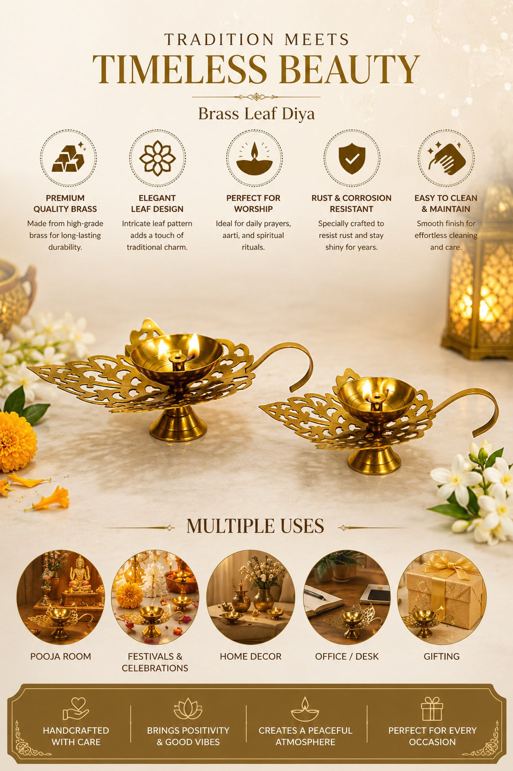 Metal Leaf Diya Set of 2 | Decorative Metal Oil Lamps with Elegant Leaf Design | Traditional Pooja Deepak for Home Temple, Diwali Décor & Festive Gifting