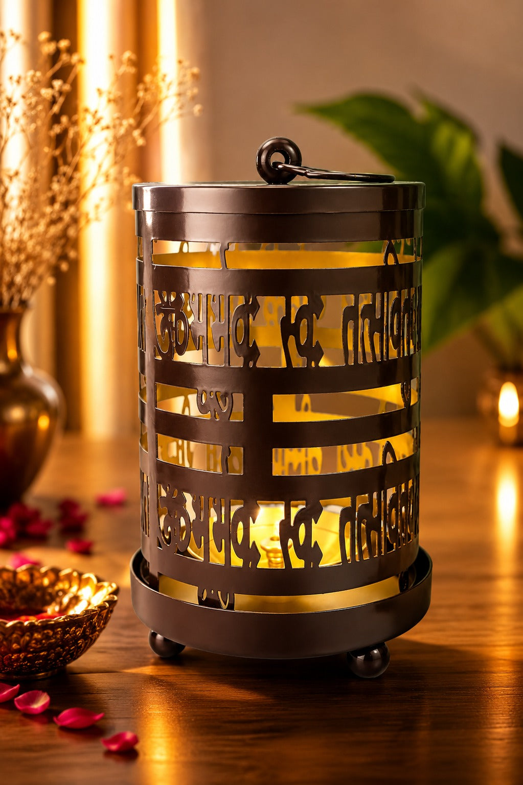 Metal Gayatri Mantra Diya Lantern | Decorative Cutwork Oil Lamp for Home Temple, Pooja Room, Meditation & Festive Décor