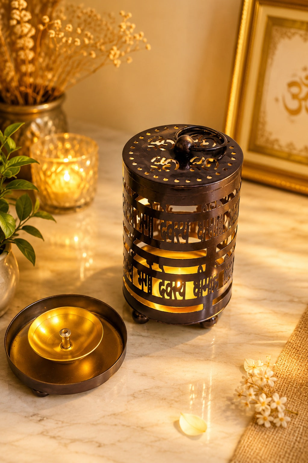 Metal Gayatri Mantra Diya Lantern | Decorative Cutwork Oil Lamp for Home Temple, Pooja Room, Meditation & Festive Décor