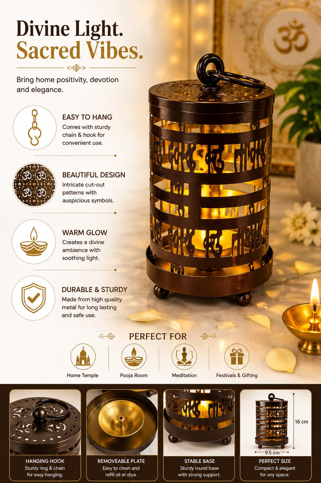 Metal Gayatri Mantra Diya Lantern | Decorative Cutwork Oil Lamp for Home Temple, Pooja Room, Meditation & Festive Décor