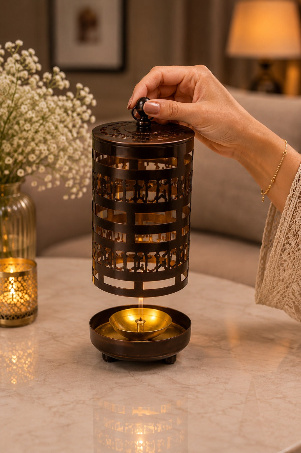 Metal Gayatri Mantra Diya Lantern | Decorative Cutwork Oil Lamp for Home Temple, Pooja Room, Meditation & Festive Décor