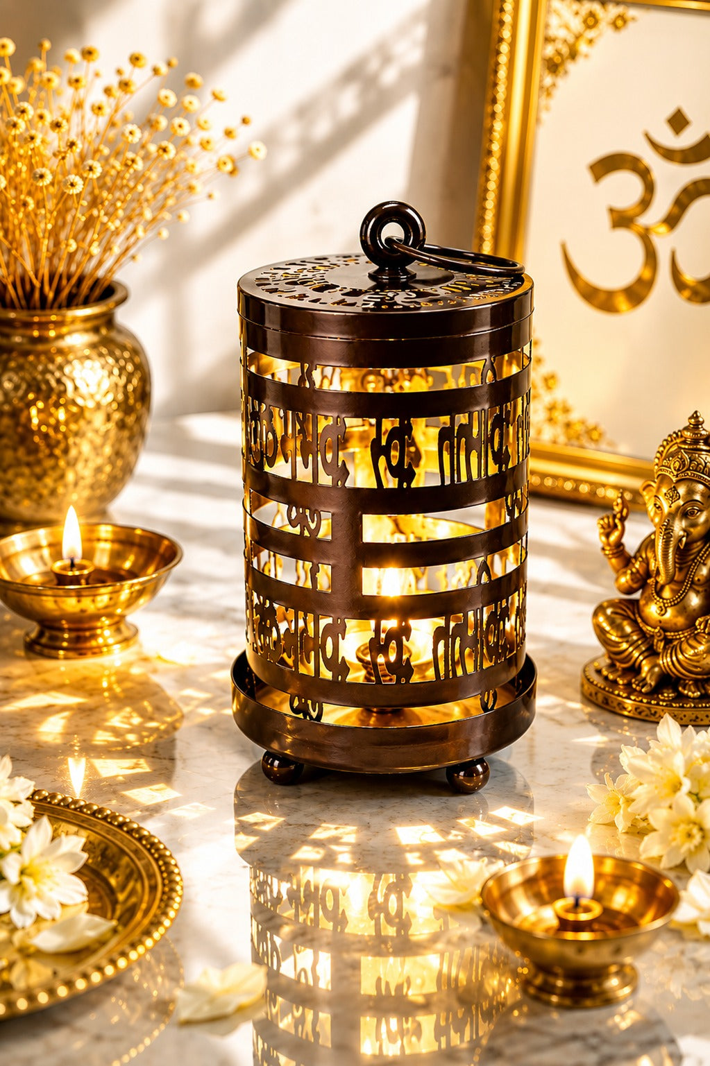 Metal Gayatri Mantra Diya Lantern | Decorative Cutwork Oil Lamp for Home Temple, Pooja Room, Meditation & Festive Décor
