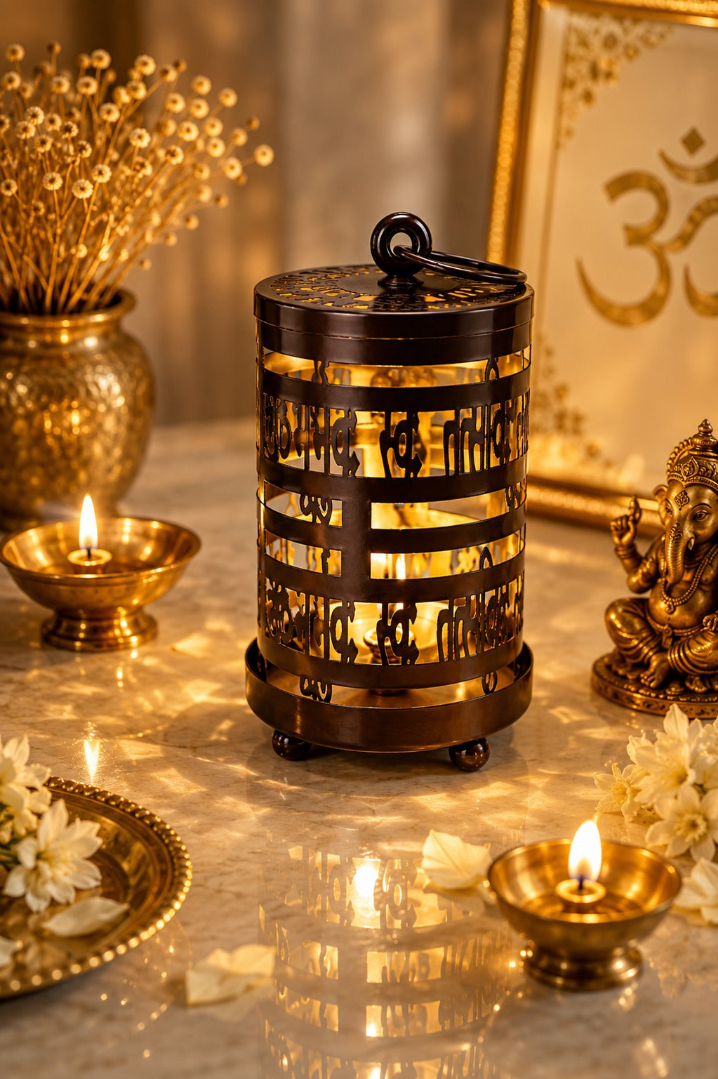 Metal Gayatri Mantra Diya Lantern | Decorative Cutwork Oil Lamp for Home Temple, Pooja Room, Meditation & Festive Décor