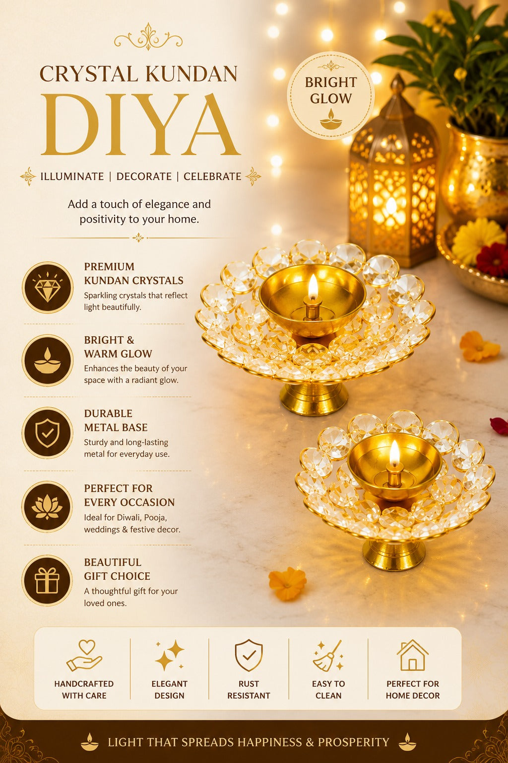 Crystal Kundan Diya Set of 2 | Decorative Metal Oil Lamp with Premium Crystal Design | Traditional Pooja Deepak for Diwali, Temple, Home Décor & Festive Gifting