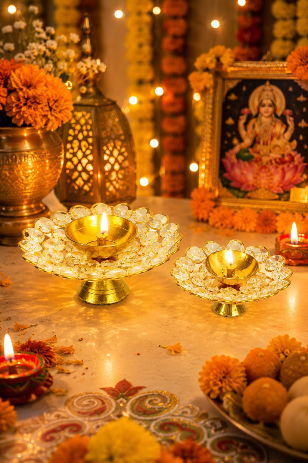 Crystal Kundan Diya Set of 2 | Decorative Metal Oil Lamp with Premium Crystal Design | Traditional Pooja Deepak for Diwali, Temple, Home Décor & Festive Gifting