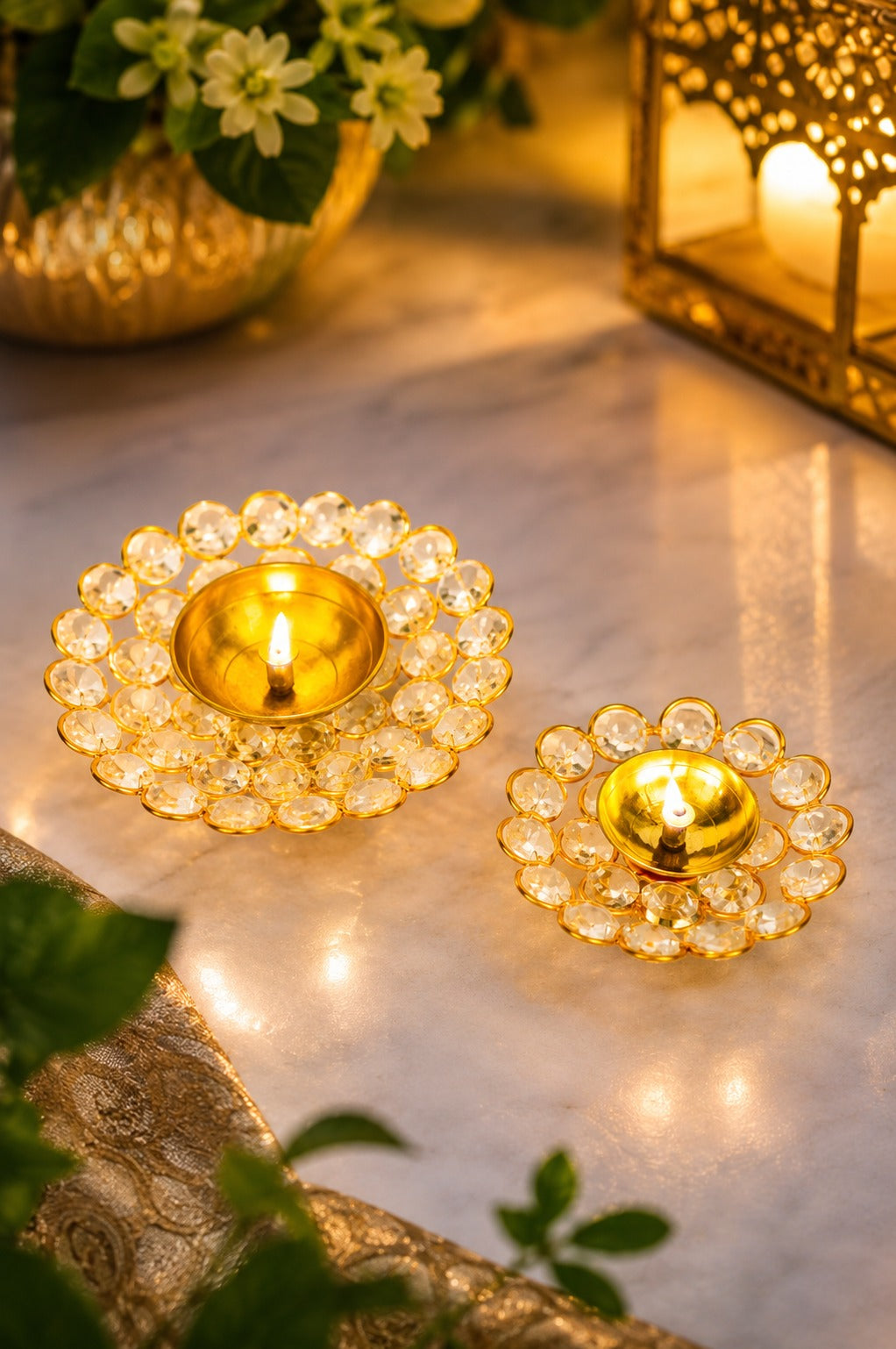 Crystal Kundan Diya Set of 2 | Decorative Metal Oil Lamp with Premium Crystal Design | Traditional Pooja Deepak for Diwali, Temple, Home Décor & Festive Gifting