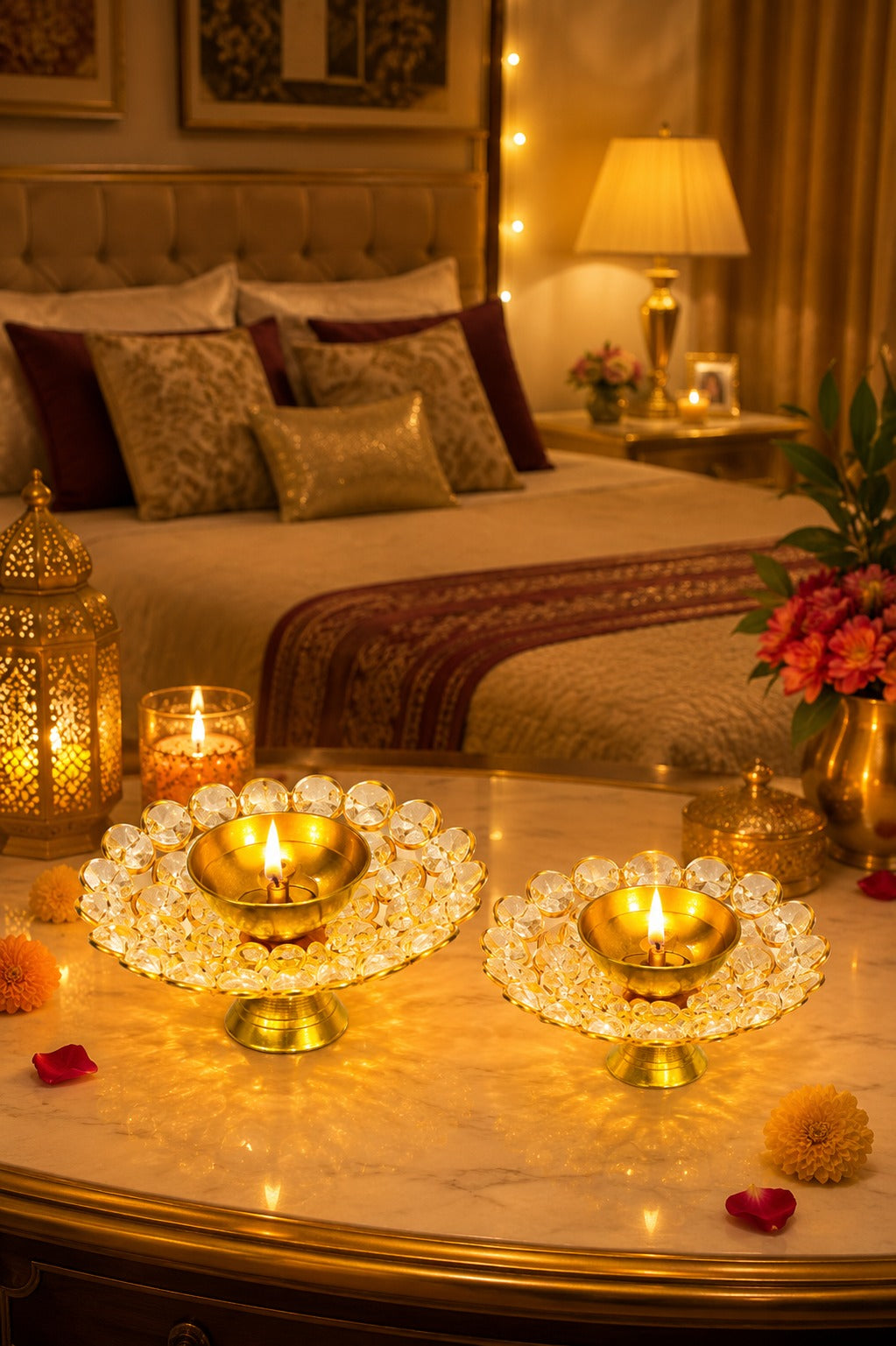 Crystal Kundan Diya Set of 2 | Decorative Metal Oil Lamp with Premium Crystal Design | Traditional Pooja Deepak for Diwali, Temple, Home Décor & Festive Gifting