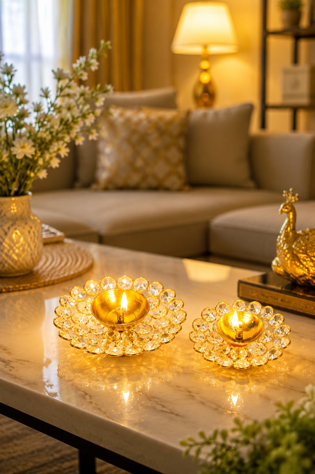 Crystal Kundan Diya Set of 2 | Decorative Metal Oil Lamp with Premium Crystal Design | Traditional Pooja Deepak for Diwali, Temple, Home Décor & Festive Gifting