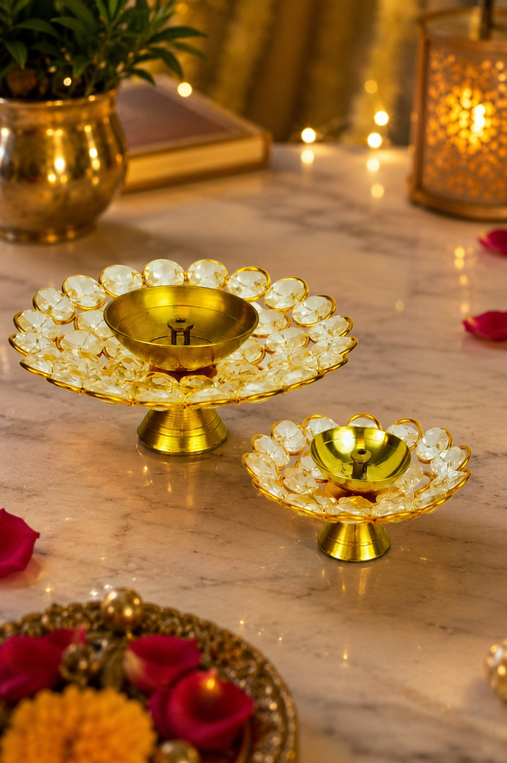 Crystal Kundan Diya Set of 2 | Decorative Metal Oil Lamp with Premium Crystal Design | Traditional Pooja Deepak for Diwali, Temple, Home Décor & Festive Gifting