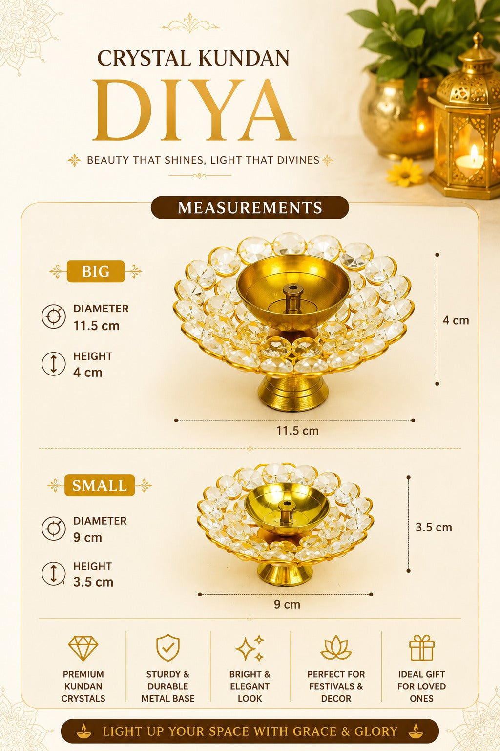 Crystal Kundan Diya Set of 2 | Decorative Metal Oil Lamp with Premium Crystal Design | Traditional Pooja Deepak for Diwali, Temple, Home Décor & Festive Gifting