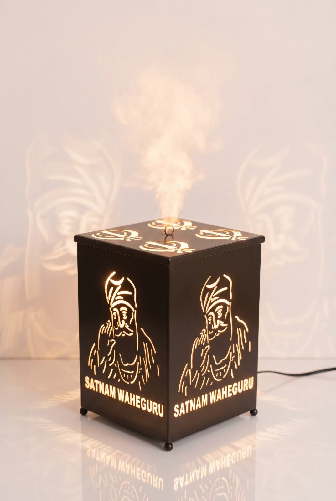 Satnam Waheguru Electric Camphor Diffuser Lamp | Sikh Spiritual Metal Aroma Burner with Light Projection for Pooja & Home Décor