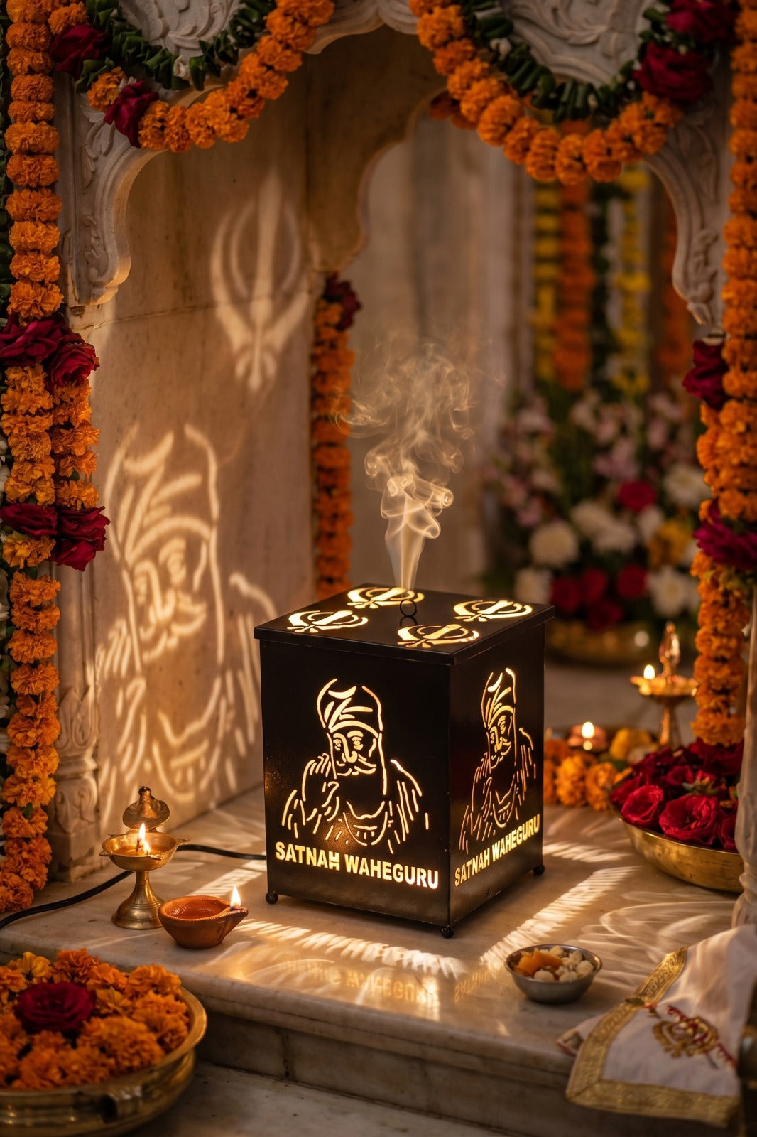 Satnam Waheguru Electric Camphor Diffuser Lamp | Sikh Spiritual Metal Aroma Burner with Light Projection for Pooja & Home Décor