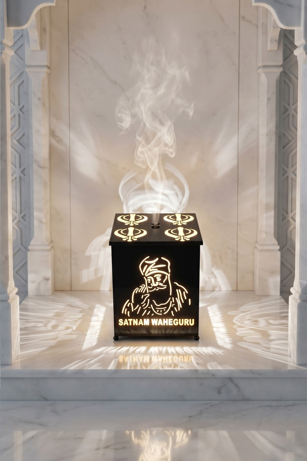 Satnam Waheguru Electric Camphor Diffuser Lamp | Sikh Spiritual Metal Aroma Burner with Light Projection for Pooja & Home Décor
