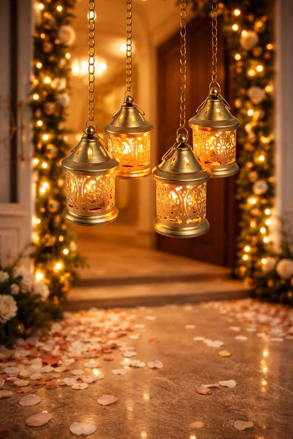 Set of 4 Golden Metal Tealight Lantern Holders | Decorative Hanging Candle Lanterns for Home & Festive Décor