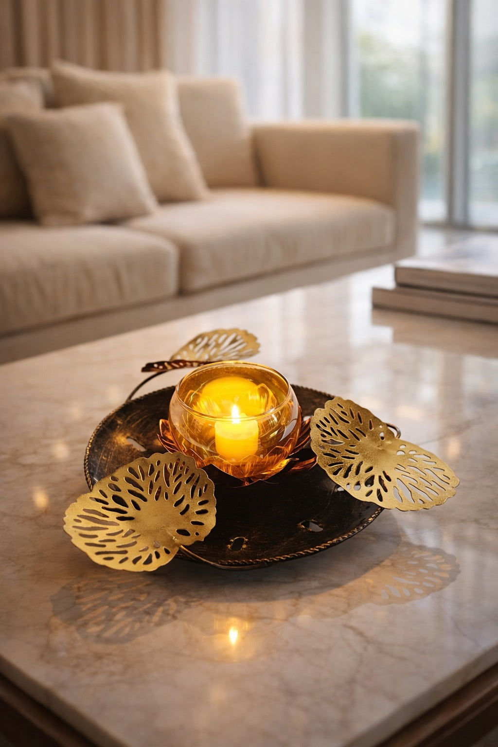Decorative Metal Leaf Tealight Holder with Glass Candle Cup | Elegant Tabletop Centerpiece