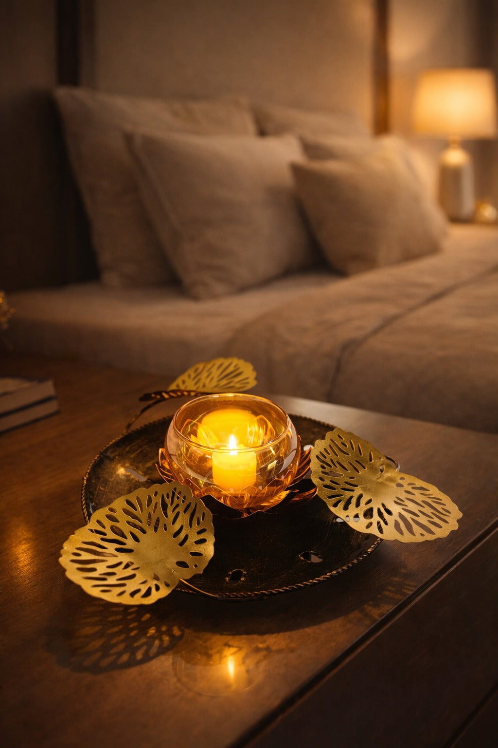Decorative Metal Leaf Tealight Holder with Glass Candle Cup | Elegant Tabletop Centerpiece