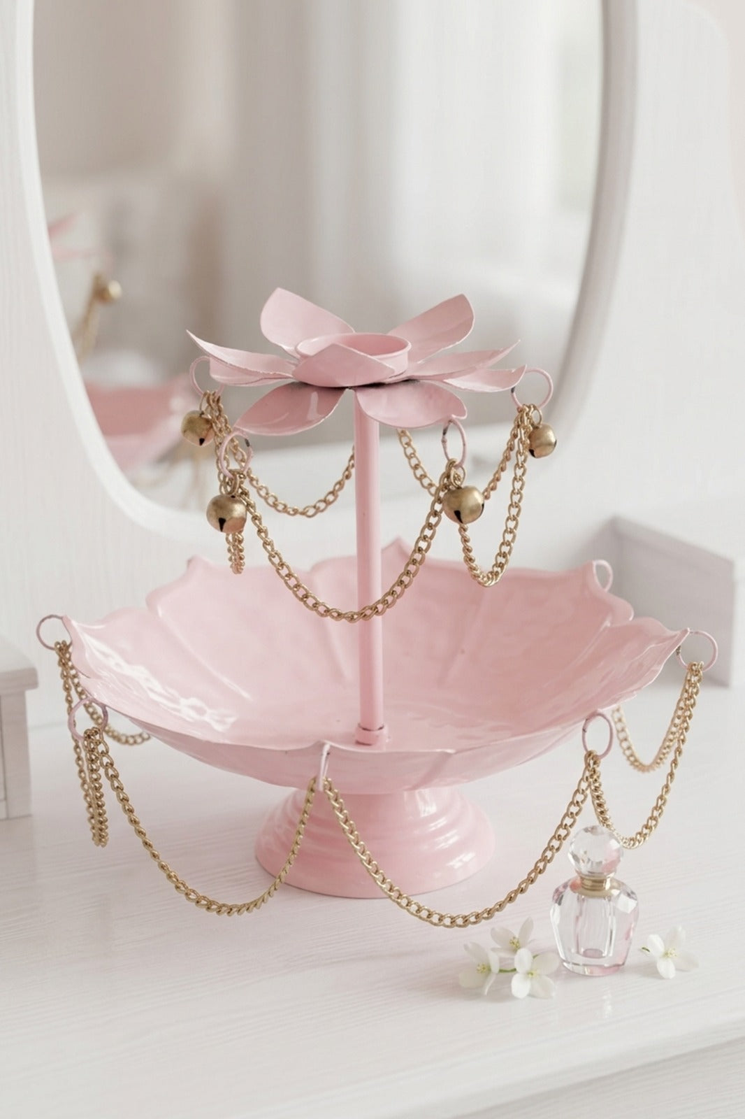 Pink Metal Urli Bowl with Diya Stand & Hanging Chain Design for Floating Flowers & Candles | Decorative Centerpiece for Diwali, Wedding, Home Décor & Festive Gifting