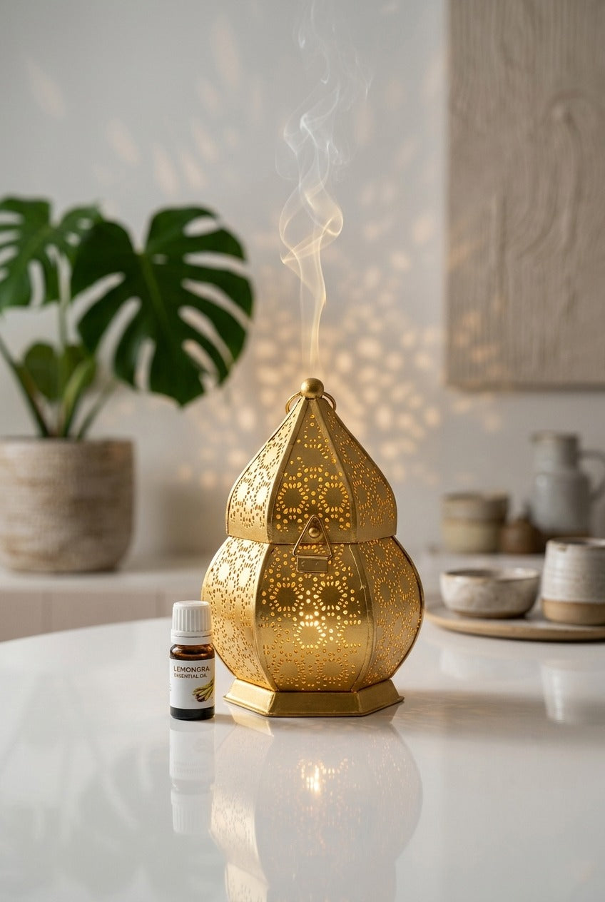 Premium Metal Aroma Diffuser Lamp with Essential Oil | Elegant Cutwork Design Electric Burner | Warm Ambient Light Aromatherapy Diffuser | Decorative Home Fragrance Lamp for Relaxation & Gifting