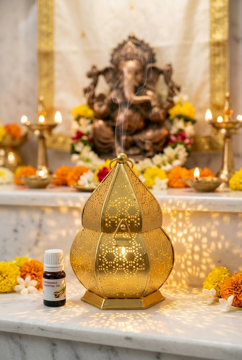 Premium Metal Aroma Diffuser Lamp with Essential Oil | Elegant Cutwork Design Electric Burner | Warm Ambient Light Aromatherapy Diffuser | Decorative Home Fragrance Lamp for Relaxation & Gifting