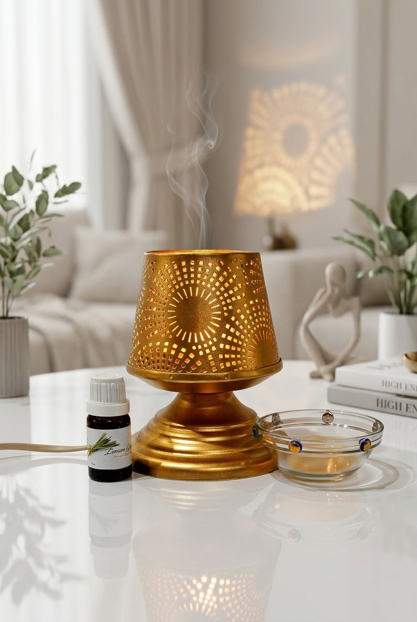 Premium Metal Aroma Diffuser Lamp with Glass Bowl | Elegant Cutwork Electric Oil Burner | Warm Ambient Light Aromatherapy Diffuser | Decorative Fragrance Lamp for Home, Office & Gifting