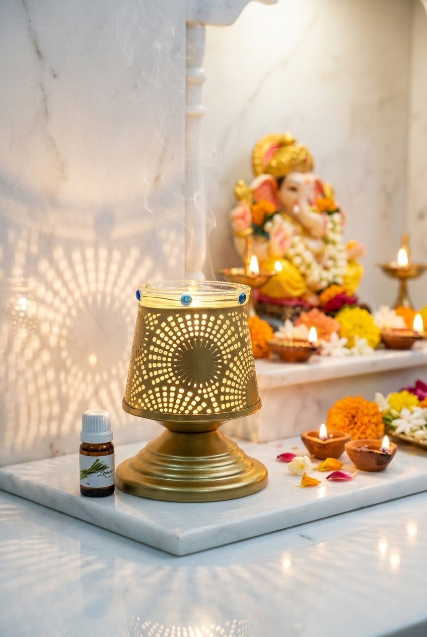 Premium Metal Aroma Diffuser Lamp with Glass Bowl | Elegant Cutwork Electric Oil Burner | Warm Ambient Light Aromatherapy Diffuser | Decorative Fragrance Lamp for Home, Office & Gifting