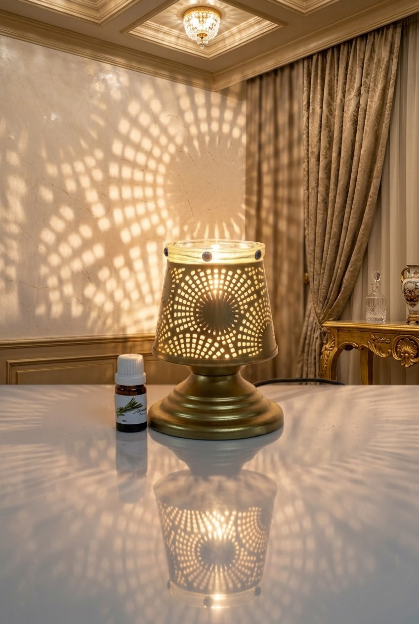 Premium Metal Aroma Diffuser Lamp with Glass Bowl | Elegant Cutwork Electric Oil Burner | Warm Ambient Light Aromatherapy Diffuser | Decorative Fragrance Lamp for Home, Office & Gifting