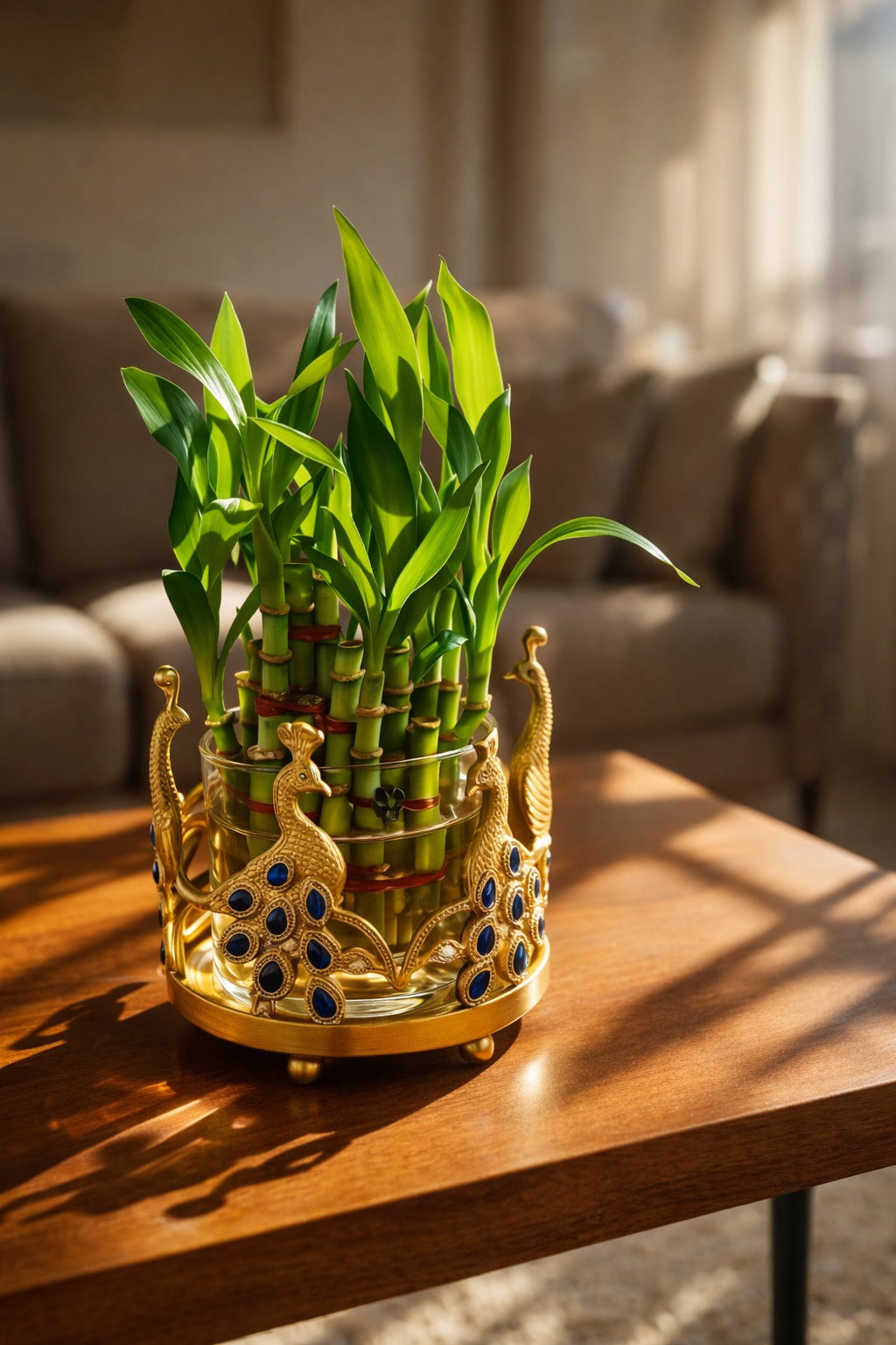 Lucky Bamboo Plant with Peacock Metal Holder & Glass Vase | Decorative Indoor Planter for Home & Office Decor