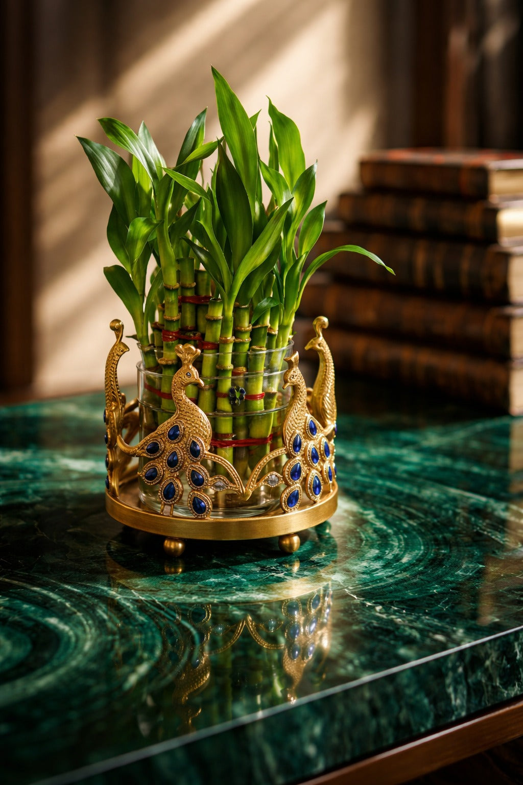Lucky Bamboo Plant with Peacock Metal Holder & Glass Vase | Decorative Indoor Planter for Home & Office Decor