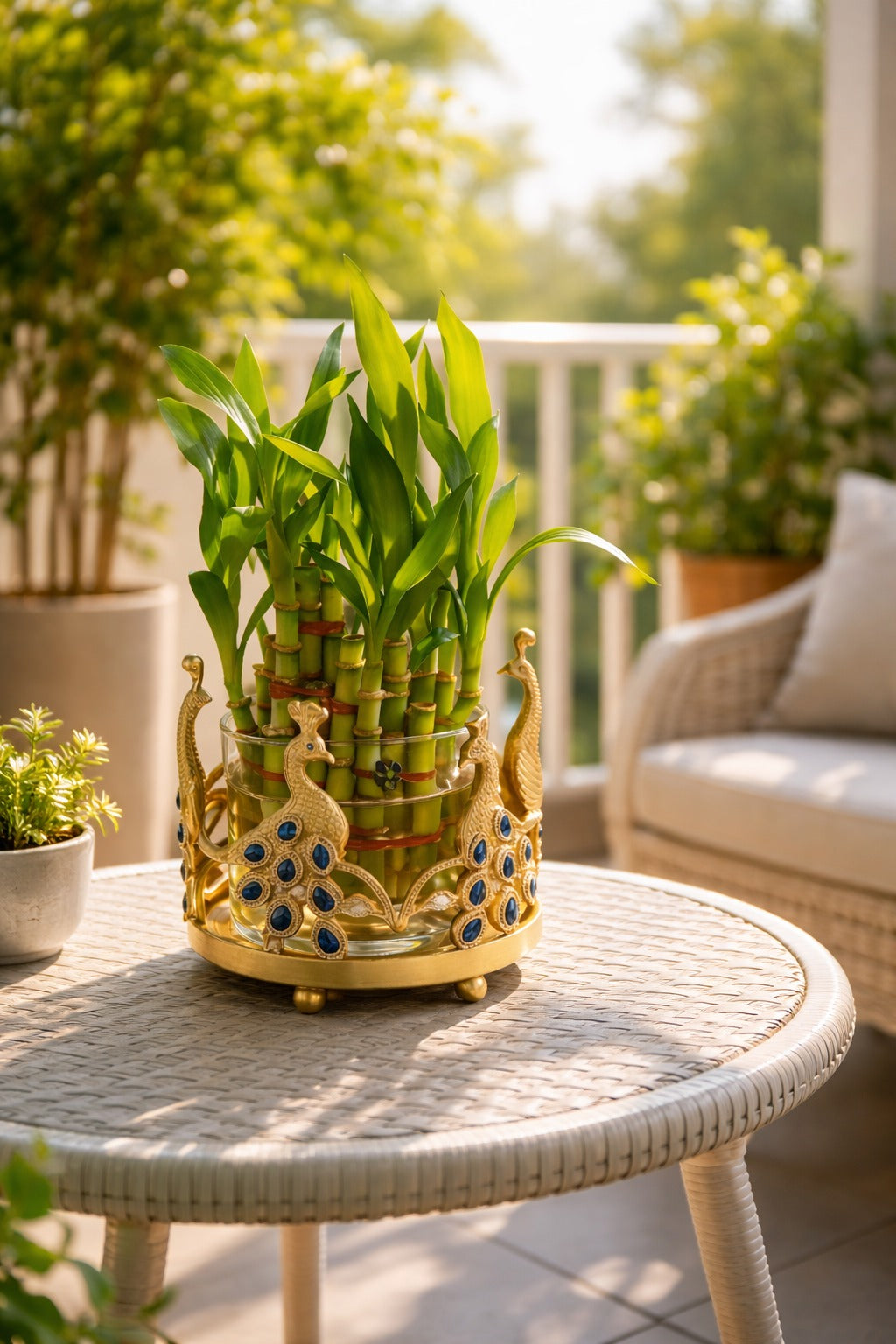 Lucky Bamboo Plant with Peacock Metal Holder & Glass Vase | Decorative Indoor Planter for Home & Office Decor