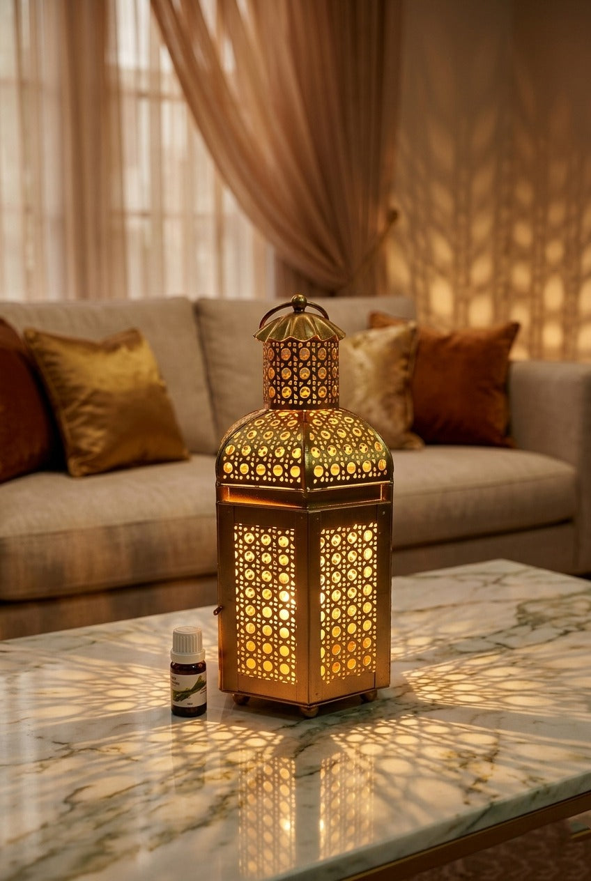 Premium Lantern Style Metal Aroma Diffuser Lamp with Essential Oil | Elegant Cutwork Electric Burner | Warm Ambient Light Aromatherapy Diffuser | Decorative Fragrance Lamp for Home & Gifting