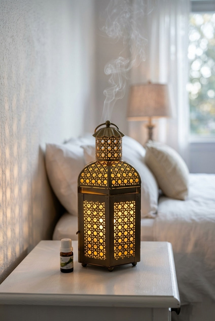 Premium Lantern Style Metal Aroma Diffuser Lamp with Essential Oil | Elegant Cutwork Electric Burner | Warm Ambient Light Aromatherapy Diffuser | Decorative Fragrance Lamp for Home & Gifting