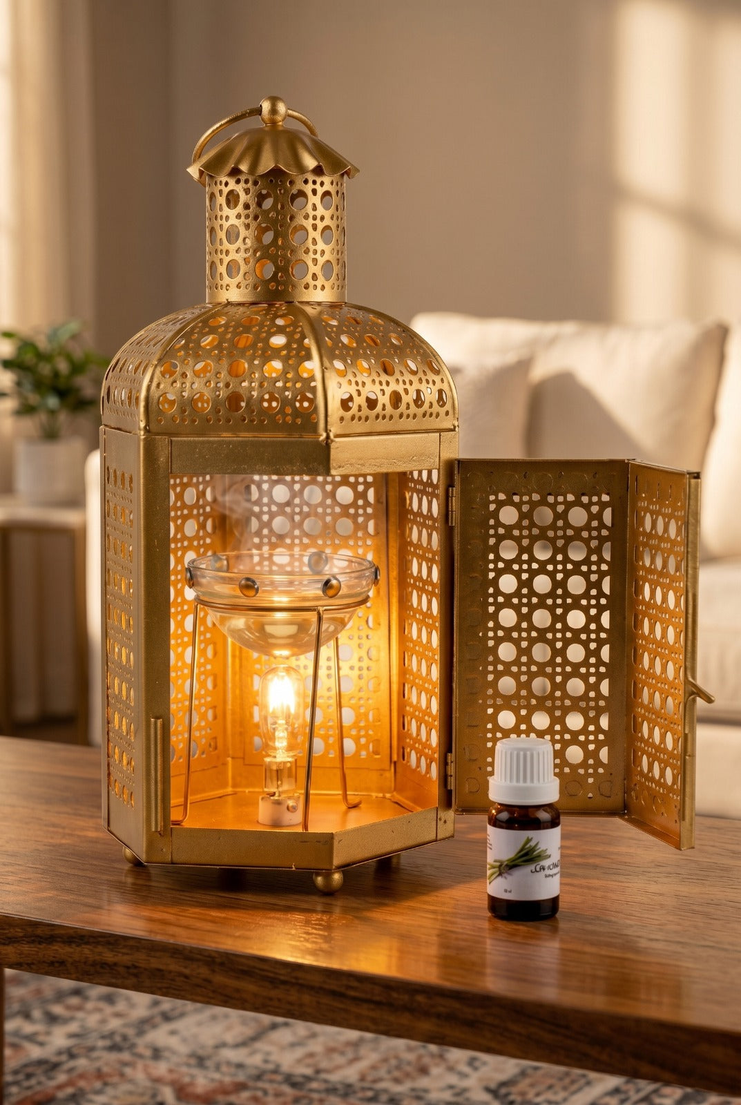 Premium Lantern Style Metal Aroma Diffuser Lamp with Essential Oil | Elegant Cutwork Electric Burner | Warm Ambient Light Aromatherapy Diffuser | Decorative Fragrance Lamp for Home & Gifting