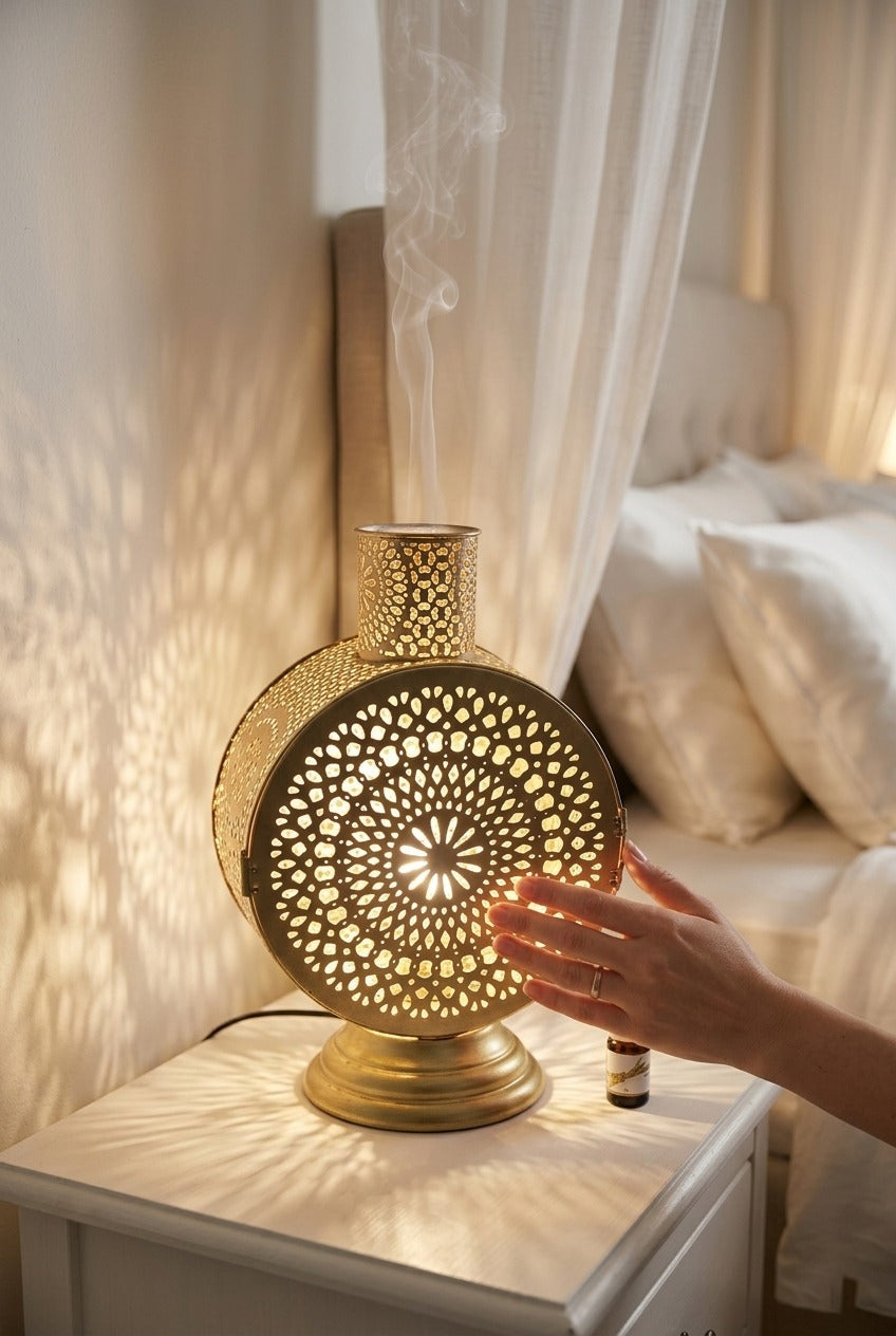 Premium Round Metal Aroma Diffuser Lamp with Essential Oil | Decorative Cutwork Electric Burner | Warm Ambient Light Aromatherapy Diffuser | Luxury Fragrance Lamp for Home Décor & Gifting