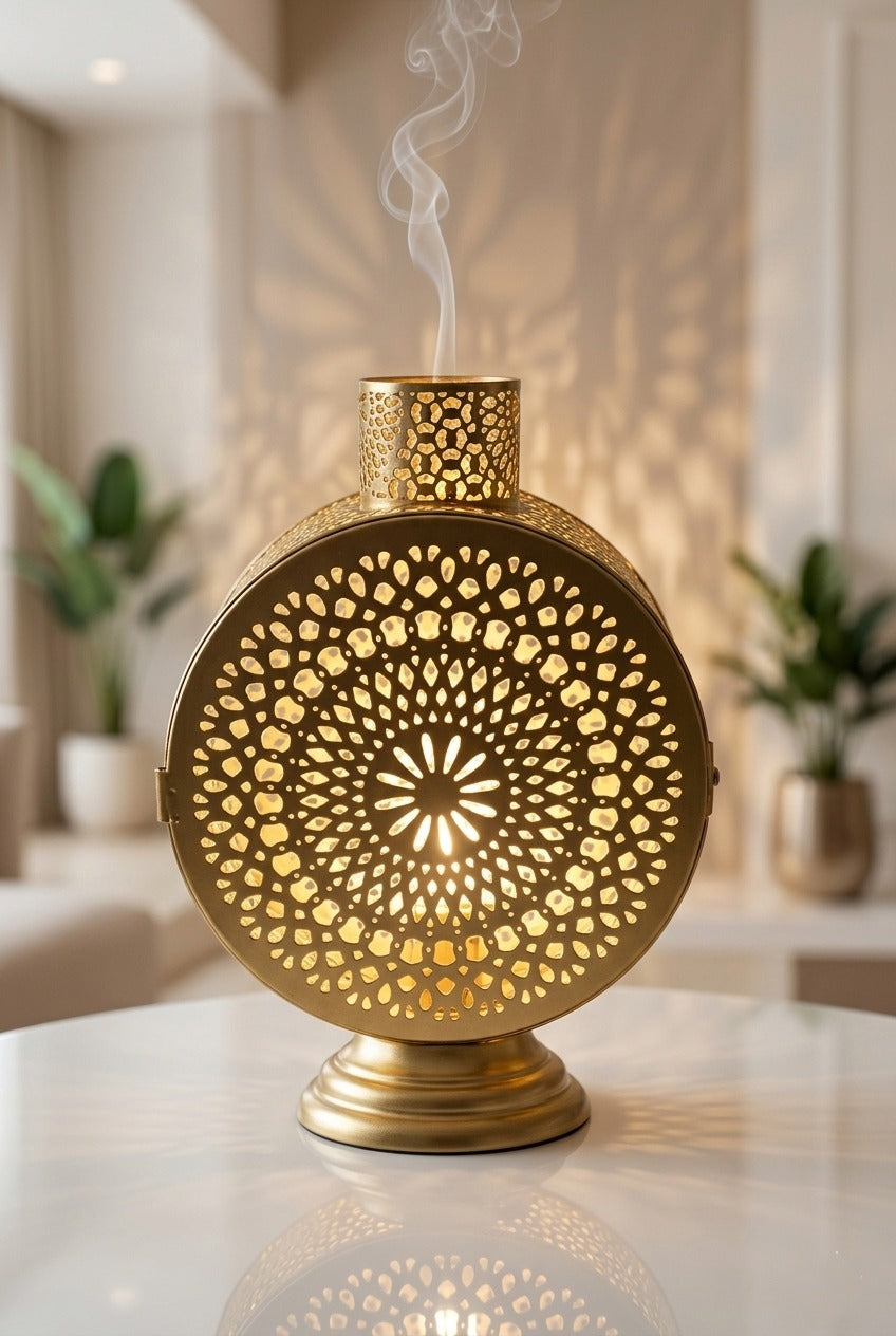 Premium Round Metal Aroma Diffuser Lamp with Essential Oil | Decorative Cutwork Electric Burner | Warm Ambient Light Aromatherapy Diffuser | Luxury Fragrance Lamp for Home Décor & Gifting