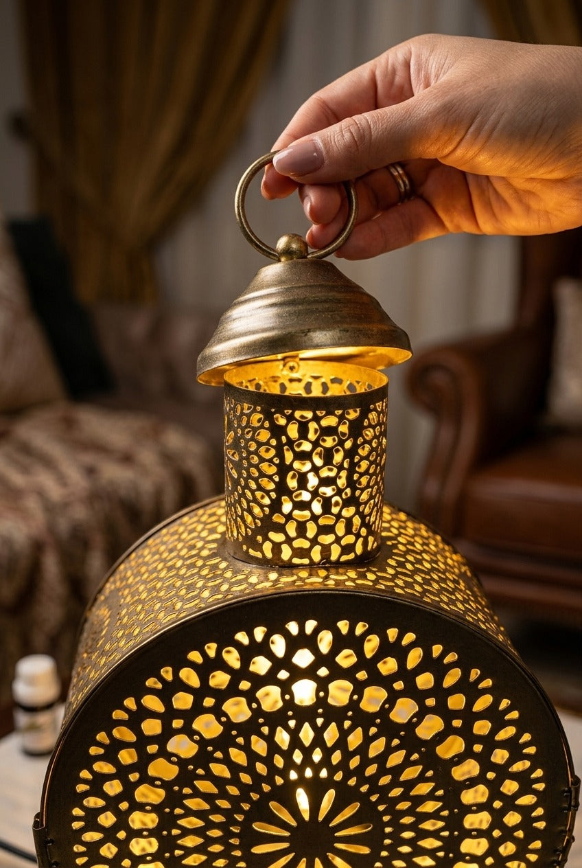 Premium Round Metal Aroma Diffuser Lamp with Essential Oil | Decorative Cutwork Electric Burner | Warm Ambient Light Aromatherapy Diffuser | Luxury Fragrance Lamp for Home Décor & Gifting