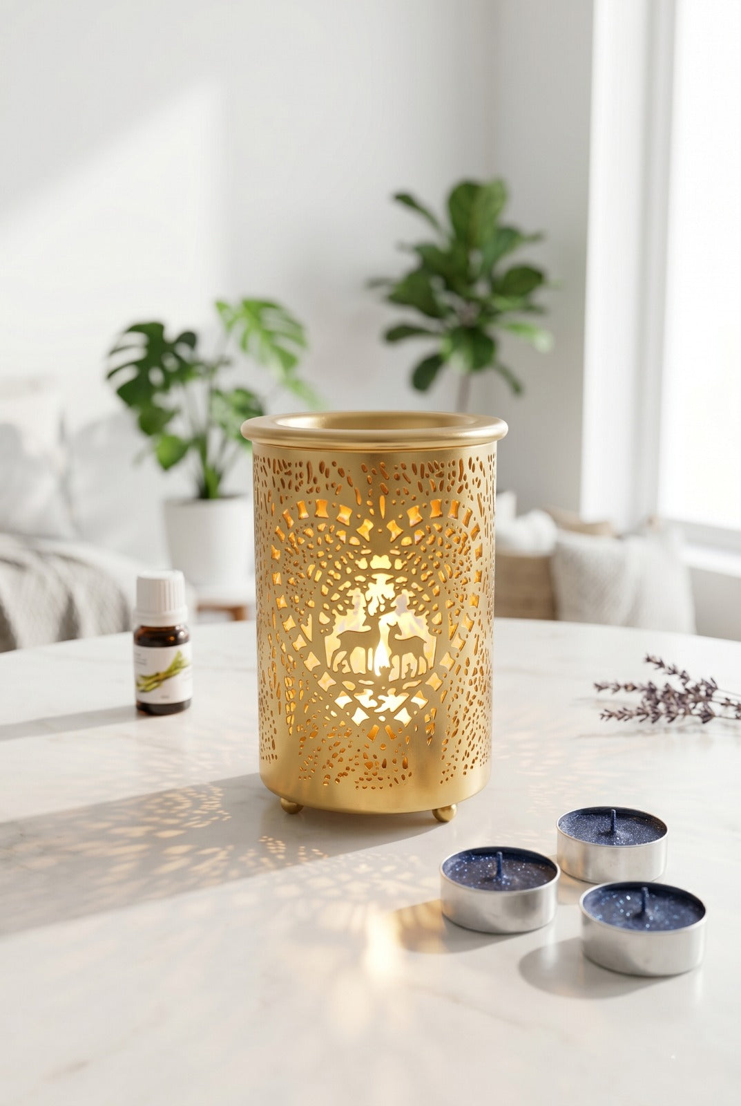 Premium Gold Metal Aroma Oil Burner Set with Tea Light Candles & Essential Oil | Designer Cutwork Candle Diffuser | Warm Ambient Fragrance Burner | Elegant Home Décor & Gifting Combo