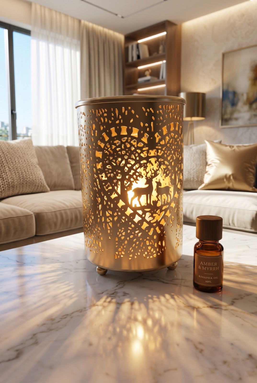 Premium Gold Metal Aroma Oil Burner Set with Tea Light Candles & Essential Oil | Designer Cutwork Candle Diffuser | Warm Ambient Fragrance Burner | Elegant Home Décor & Gifting Combo
