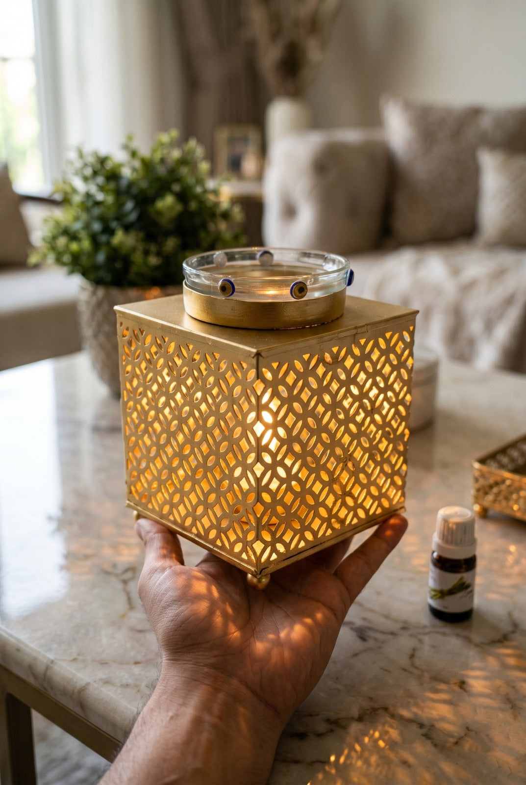 Premium Square Metal Electric Aroma Diffuser Lamp with Glass Bowl | Elegant Cutwork Oil Burner | Warm Ambient Light Aromatherapy Diffuser | Decorative Fragrance Lamp for Home & Gifting