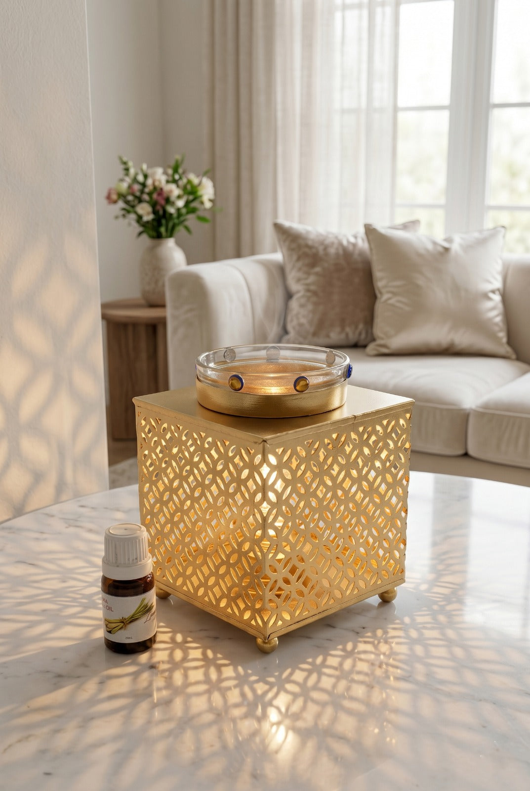 Premium Square Metal Electric Aroma Diffuser Lamp with Glass Bowl | Elegant Cutwork Oil Burner | Warm Ambient Light Aromatherapy Diffuser | Decorative Fragrance Lamp for Home & Gifting