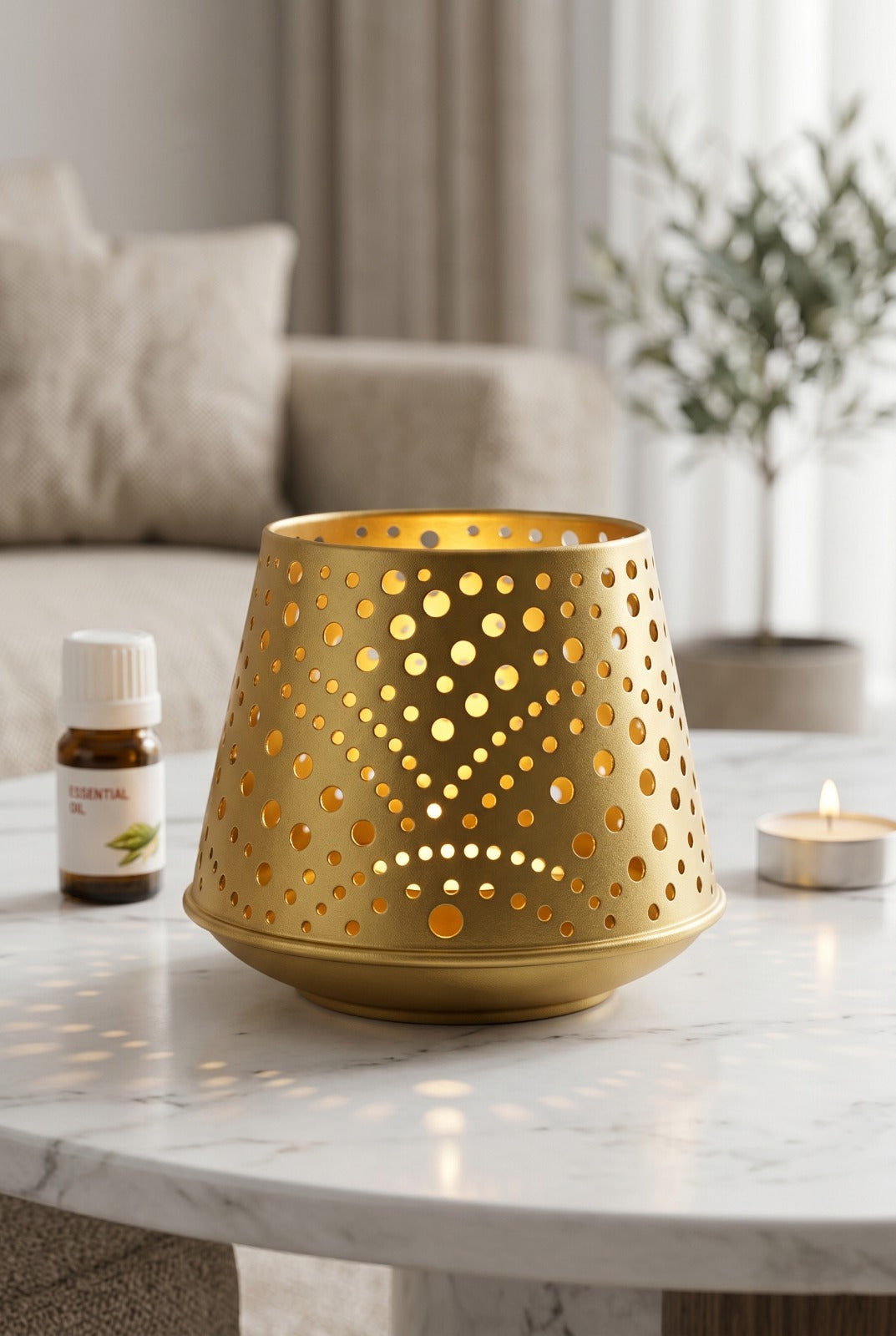 Premium Metal Aroma Oil Burner with Glass Bowl | Decorative Cutwork Candle Diffuser | Warm Ambient Light Fragrance Burner | Elegant Home Décor & Gifting Piece