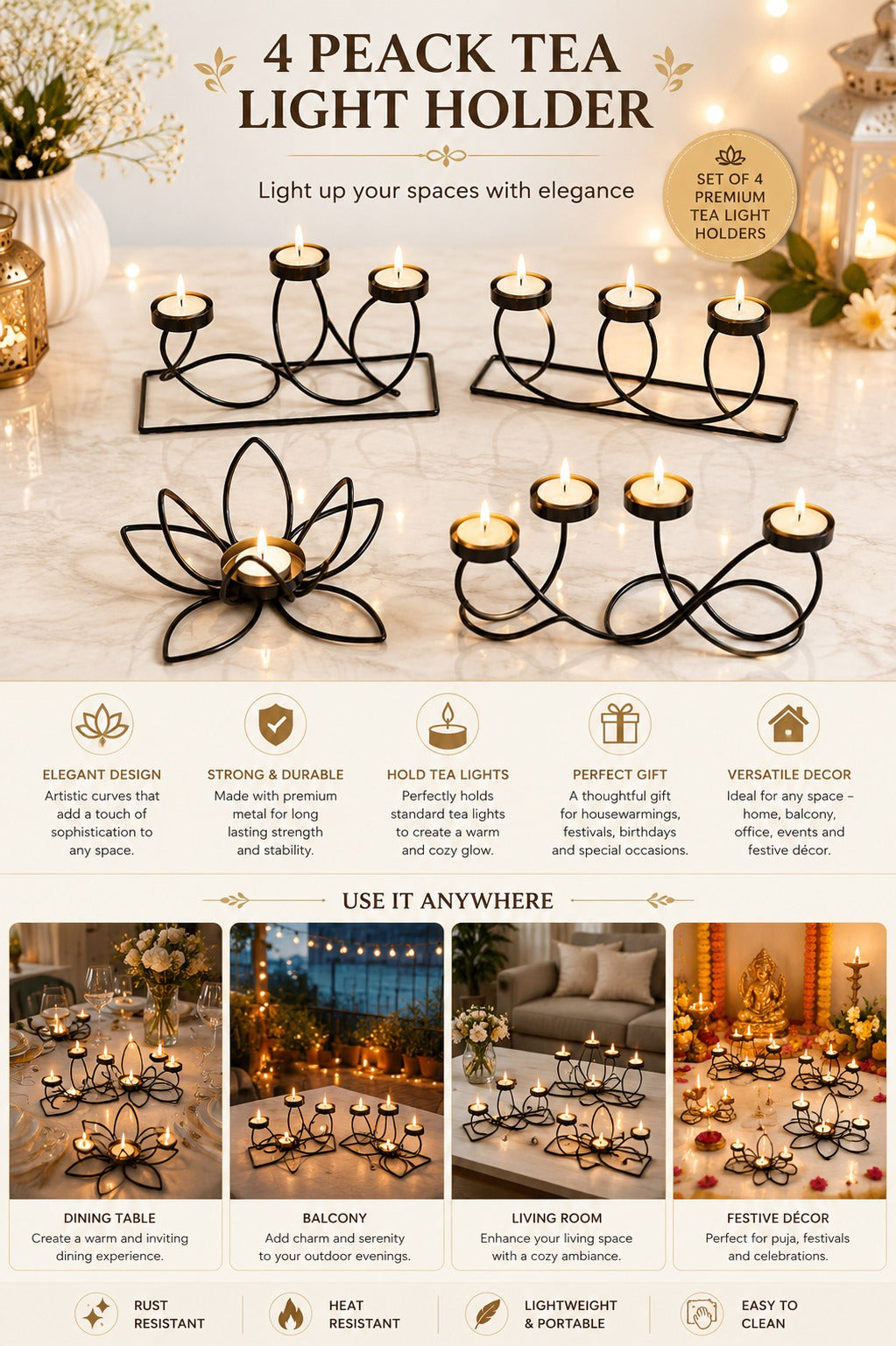 Modern Metal Tea Light Candle Holder Set of 4 | 2 Cup, 3 Cup & Lotus Design Decorative Candle Stand Collection for Home Living Room Table Décor, Festivals & Gifting