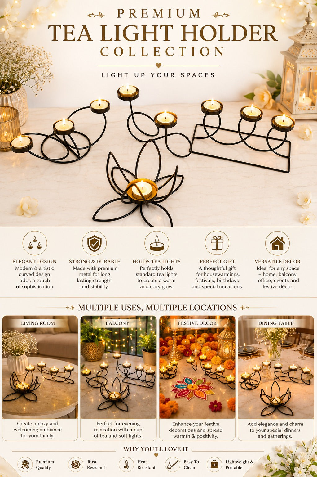 Modern Metal Tea Light Candle Holder Set of 4 | 2 Cup, 3 Cup & Lotus Design Decorative Candle Stand Collection for Home Living Room Table Décor, Festivals & Gifting