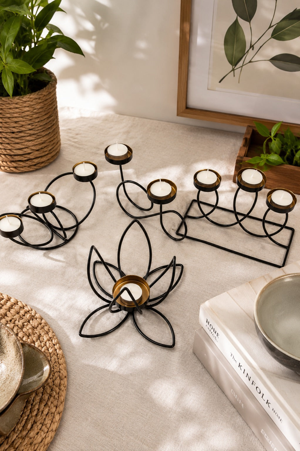 Modern Metal Tea Light Candle Holder Set of 4 | 2 Cup, 3 Cup & Lotus Design Decorative Candle Stand Collection for Home Living Room Table Décor, Festivals & Gifting