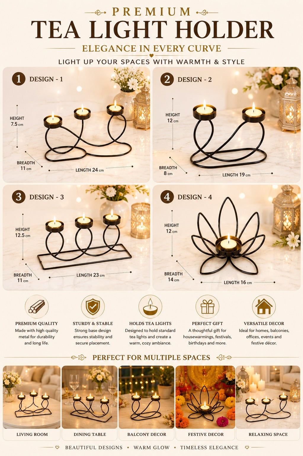 Modern Metal Tea Light Candle Holder Set of 4 | 2 Cup, 3 Cup & Lotus Design Decorative Candle Stand Collection for Home Living Room Table Décor, Festivals & Gifting